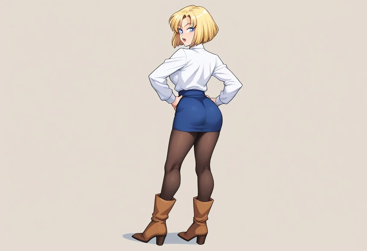 soulr, ((perfect anatomy)), detailed, perfection, bold lines, sharp eyes, solo, angle, score_9, score_8_up, score_7_up, detailed, perfection, bold lines, sharp eyes, 1girl, solo, blonde hair, pantyhose, blue eyes, full body, boots, short hair, open mouth, looking back, hands on hips, long sleeves, looking at viewer, from behind, standing, skirt, shirt, brown footwear