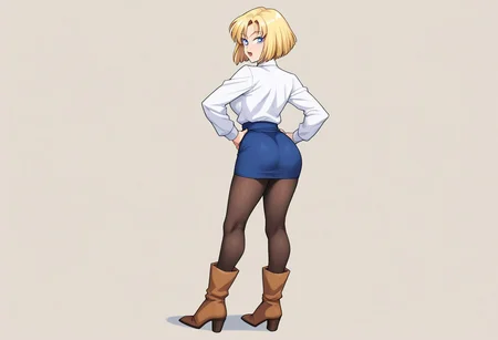 soulr, ((perfect anatomy)), detailed, perfection, bold lines, sharp eyes, solo, angle, score_9, score_8_up, score_7_up, detailed, perfection, bold lines, sharp eyes, 1girl, solo, blonde hair, pantyhose, blue eyes, full body, boots, short hair, open mouth, looking back, hands on hips, long sleeves, looking at viewer, from behind, standing, skirt, shirt, brown footwear