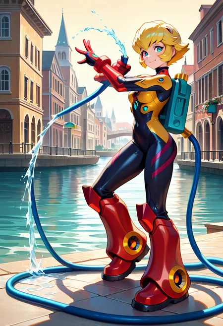 <lora:Megaman_Legends>,megaman_legends,(looking at viewer:1.2),(close-up:1.2),score_9, score_8_up, score_7_up, source_ super mario sunshine, (a mature female lady with a water tank on her back ),BREAK, animated painting, (smile:1.6), (standing:1.3), (contrapposto;1.3), (fighting pose:1.7), (good finger:1.2), (five fingers:1.2), (perfect anatomy:1.5), (Beautiful girl:1.4), (blonde short hair:1.6), ((ultra detailedtanned)), ((extremely detailed CG)), skin, authentic skin texture, gradient eyes, ((beautiful detailed eyes)), faint lips, ((Premier Quality)), (Ultra High Definition), ((perfect anatomy)), (solo), BREAK, heterochromia, (diving equipment on her ), ((full body clothed)), ((wet suit:1,8)), (tactical gear), (tank pack), ((red right eyes, blue left eyes)),BREAK, (background inspired by place Delfino and Venice :2,3)(big pipeline, water, harbor, hose, cartoon town), BREAK, ( evangelion_style:0,3), mecha musume, ( Megaman Legends 2 style: 1,6), ( aria the masterpiece style:1.4),soft skin, skindentation, thicc