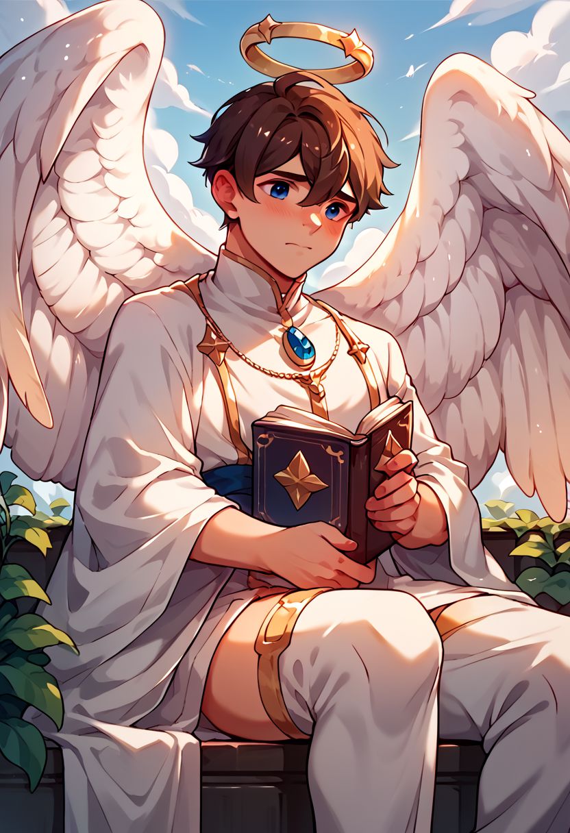 score_9, score_8_up, score_8_up, 1boy, shy boy, seto, lean, buff twink, angel boy with white feathery wings and halo, cute face, master piece, skimpy white robe, priest, sapphire amulet, preaching in front of a catherdral, thigh high boots, holding open book,