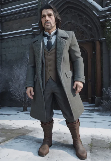 safe_pos, safe_pos, score_9, score_8_up, score_7_up, source_anime, rating_nsfw, ultra hd, absurdres, solo, 1boy, masterpiece, best quality, best aesthetic, Expressiveh, wolfconf,

AesopSharp, medium hair, facial hair, beard, black hair, brown eyes, scar on face, necktie, shirt, dark grey coat, brown vest, pants, boots, 