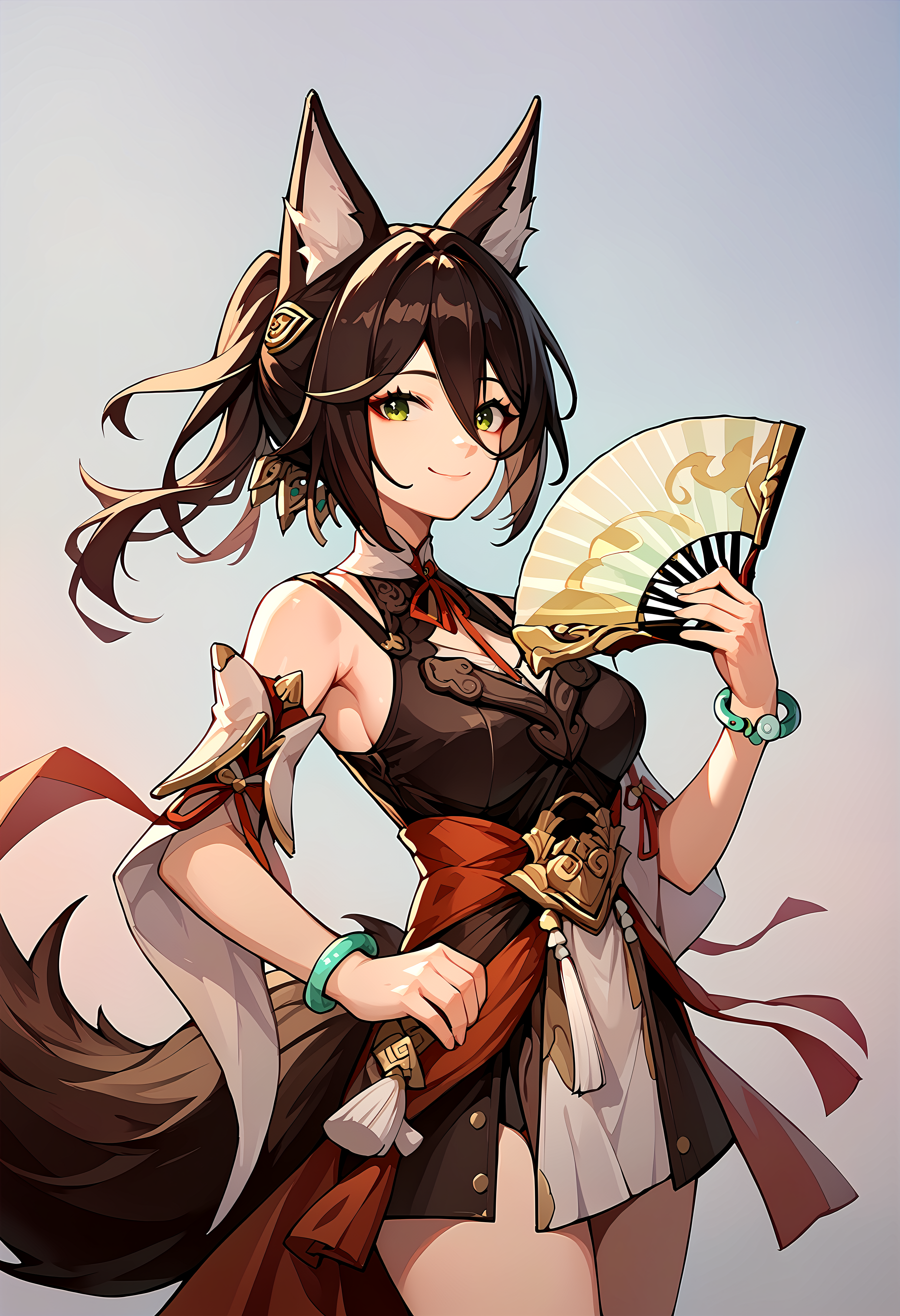 (score_9, score_8_up, score_7_up), 1girl, tingyun, detached sleeves, bangle, fox tail, cowboy shot, gradient background, smile, closed mouth, folding fan, fan opened, <lora:tingyun-strPO-v1a:0.9>