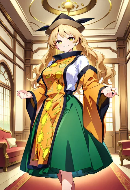 baba style, ((mansion)), ((inside)), ((living room)), 1girl, solo, (tall), (standing), (posing), (looking at viewer), ((large breasts)), smile, matara okina, ((yellow eyes)), blonde hair, long hair, hat, white shirt, tabard, green skirt, constellation print, long sleeves, detached sleeves, legs