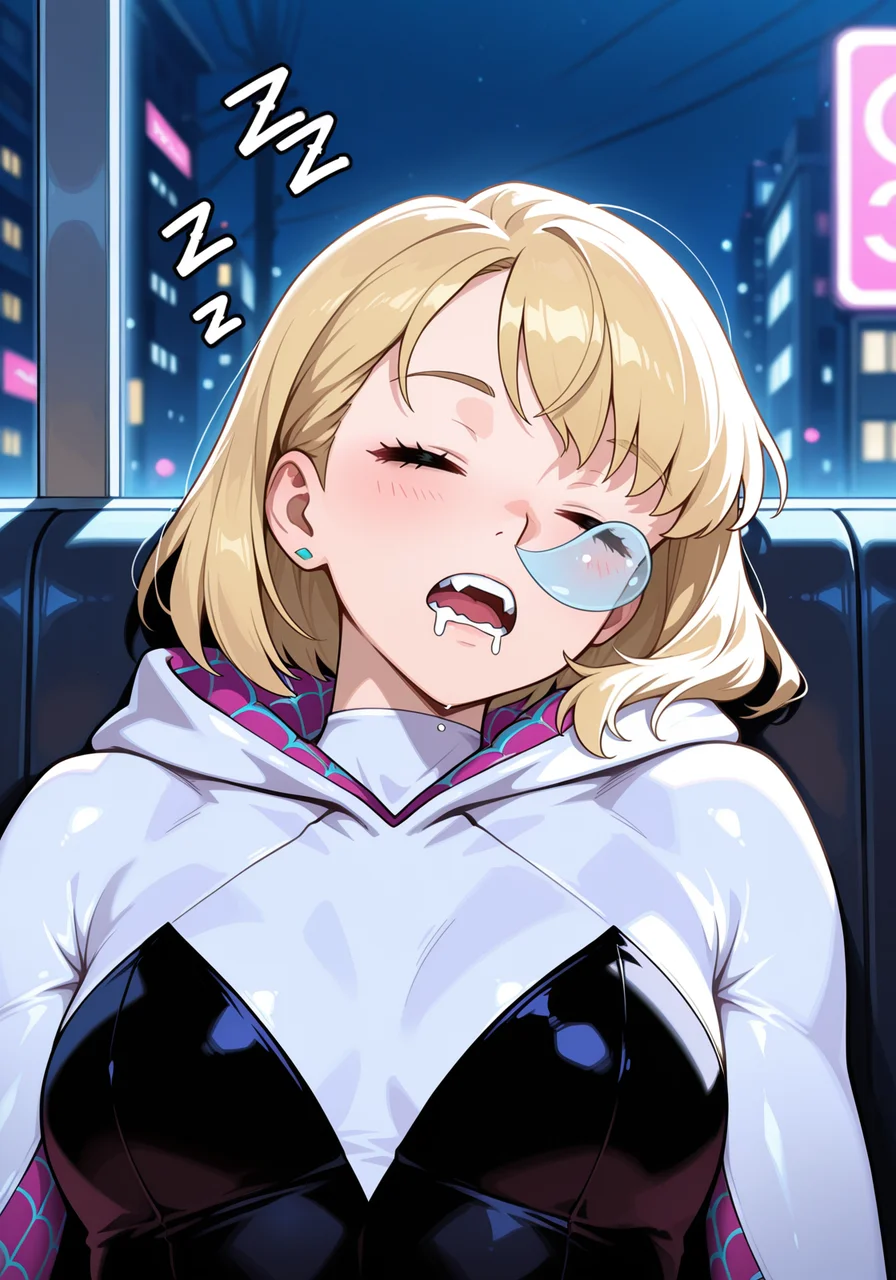 embedding:IllusP0s, nose bubble, sleeping, drooling, zzz 1girl, gwen stacy_\(spiderman\), night<lora:nose_bubble_ill.safetensors:1:1>