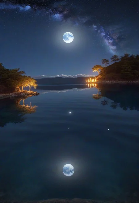 ocean, stars, moon, calm, birds, palm trees, beach, reflections, water tides, 8k, highest resolution, masterpiece, night, fireflies, villa, lights, cloud, cherry blossom, day, fantasy, fish, lake, landscape, high snowy mountain, no_humans, ocean, outdoors, river, scenery, sky, splashing, water, watercraft, waterfall, waves, ultra realistic, photorealistic, sea, ocean, (reflection), (ray tracking), (unreal engine), (Japanese), top view, high elevation, (water reflection), (clear water), photorealistic, 8k, unreal engine, super great 3d render, 3d, 3d ray tracking, liquid, super high quality, (super close look at water), Milky Way, Night sky, Painstaking Attention To Details