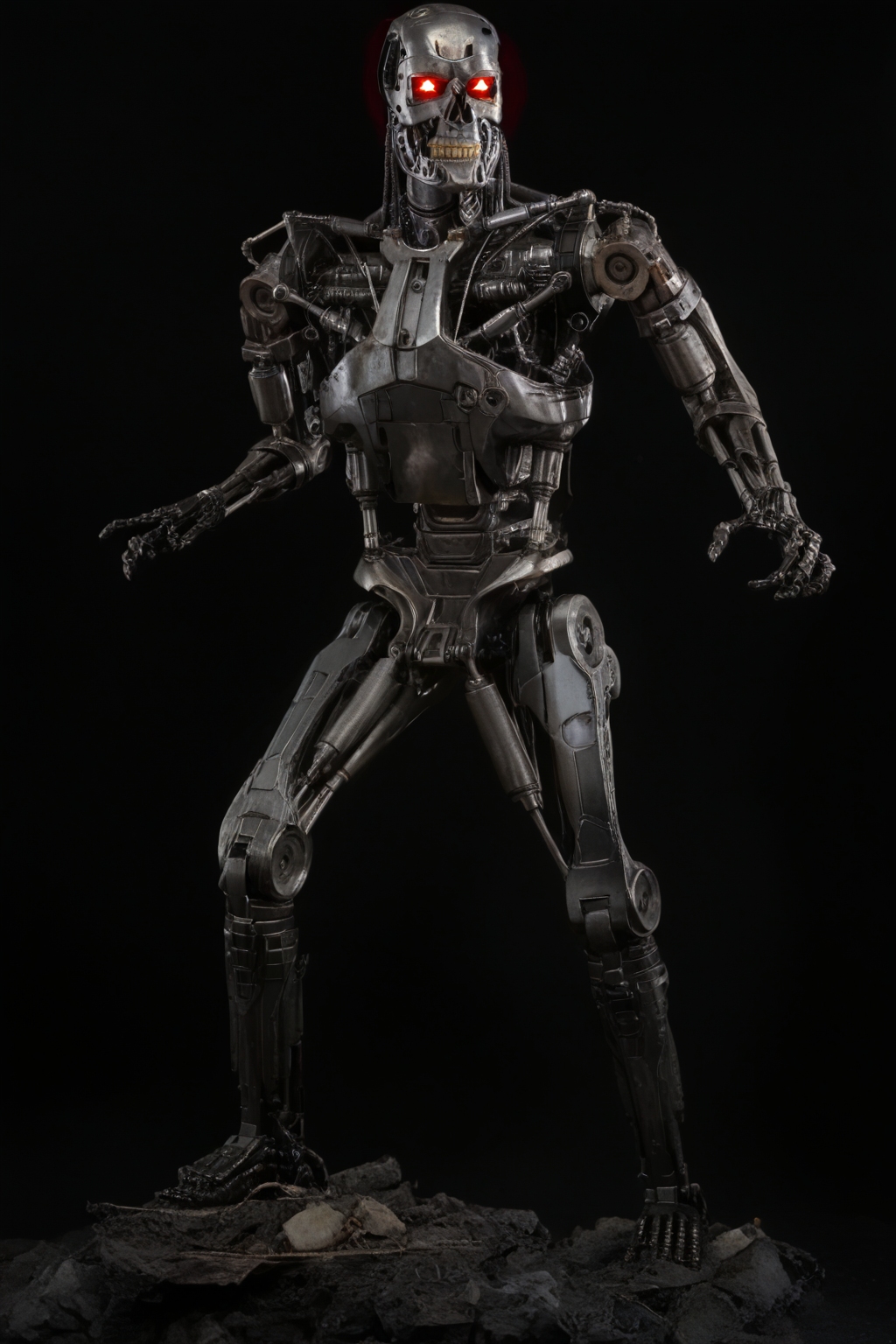 T800_Endo, Terminator robot, score_9, score_8_up, score_7_up, (source_IRL, source_movie), cinematic, realistic, masterpiece, high quality, highres RAW photo, ((full body shot))
a T800_Endo Terminator Robot with glowing red eyes, he is made of metal, <lora:T800_Endo_Terminator_Pony_v1-000019:1>
(standing, fight stance)
black background
dynamic lighting, highly detailed, intricate details