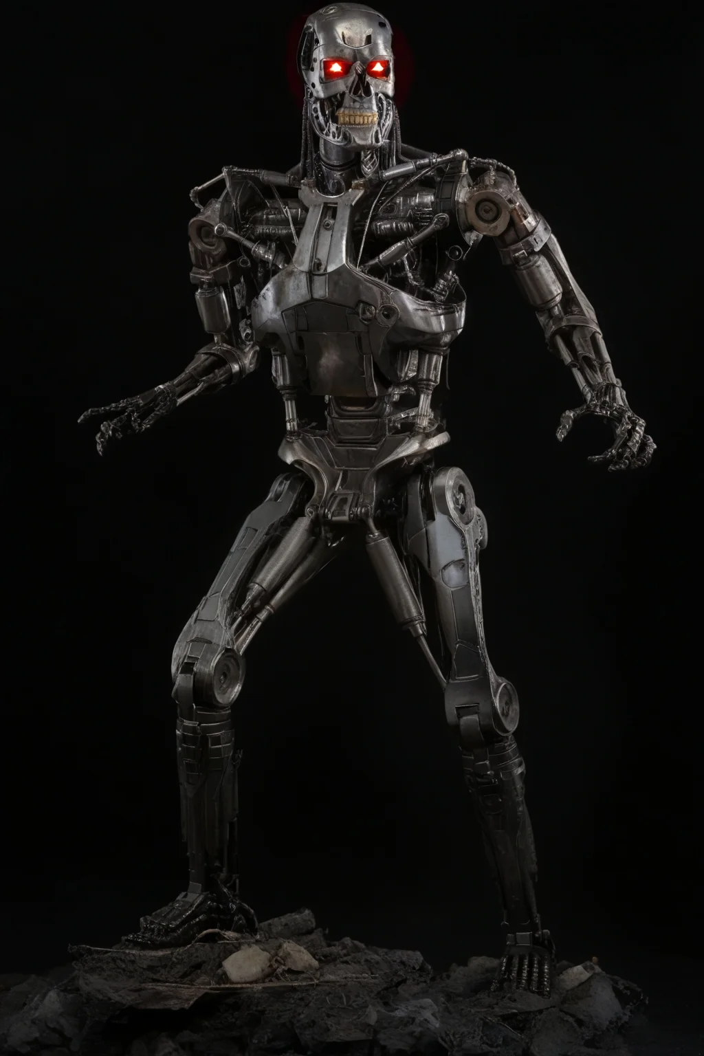 T800_Endo, Terminator robot, score_9, score_8_up, score_7_up, (source_IRL, source_movie), cinematic, realistic, masterpiece, high quality, highres RAW photo, ((full body shot))
a T800_Endo Terminator Robot with glowing red eyes, he is made of metal, <lora:T800_Endo_Terminator_Pony_v1-000019:1>
(standing, fight stance)
black background
dynamic lighting, highly detailed, intricate details