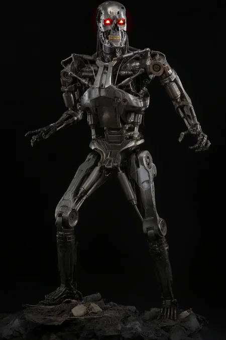 T800_Endo, Terminator robot, score_9, score_8_up, score_7_up, (source_IRL, source_movie), cinematic, realistic, masterpiece, high quality, highres RAW photo, ((full body shot))
a T800_Endo Terminator Robot with glowing red eyes, he is made of metal, <lora:T800_Endo_Terminator_Pony_v1-000019:1>
(standing, fight stance)
black background
dynamic lighting, highly detailed, intricate details