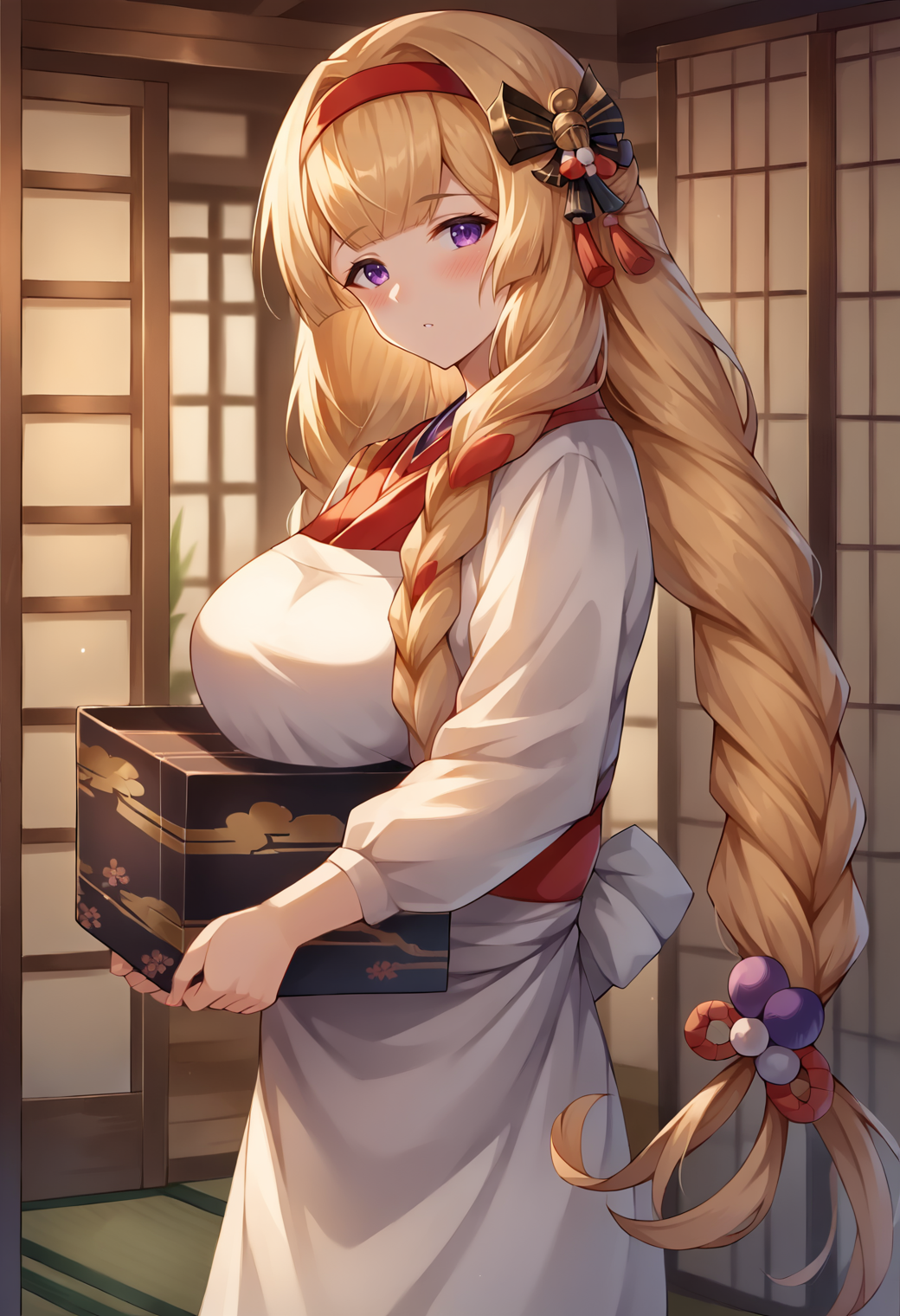 score_9, score_7_up, hd, (ultra hd quality details), source_anime, indoors,
solo, 1girl, gbfathena, very long hair, purple eyes, twin braids, large breasts,
athny, red hairband, hair ornament, white apron, kimono, long sleeves, 
looking at viewer, blush,
from side, carrying, box,
<lora:_athena_gbf-elesico-ponyE:1>