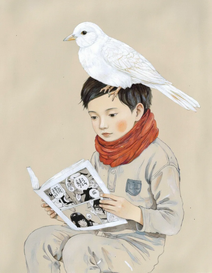 By Taiyo Matsumoto. A digital drawing with a minimalist, stylized aesthetic. It features a young child with short, dark hair and a red scarf around their neck. The child is sitting and reading a comic book, which is open on their lap. The comic book has black-and-white panels with speech bubbles in Japanese, suggesting a manga or Japanese comic.
Perched on the child's head is a white bird with a soft, feathered body and a beak. The bird's wings are slightly spread out, giving it a serene and peaceful appearance. The background is a muted, light beige color, which contrasts subtly with the child's red scarf and the white bird, making them stand out.
The drawing style is simple and clean, with minimal shading and smooth lines, creating a soft and gentle atmosphere. The child's expression is focused and concentrated, indicating they are deeply engaged in reading the comic book. The overall composition is balanced and harmonious, with the child and the bird occupying the central part of the image, while the comic book and background provide context and detail. The image conveys a sense of quiet contemplation and simplicity. <lora:Taiyo_Matsumoto-000008:1>