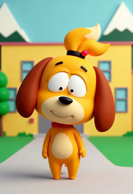 an image in the style of the tv show south park of A 3D-rendered isabelle (animal crossing), anthro-dog in a simple cartoon style with large plain eyes and a large round head. Simple and cute, standing in front of a yellow school building