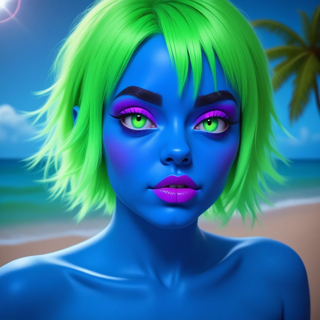 jodiblue, jdblue, jdbluegirl, A close-up portrait of a female character with vibrant blue skin and neon green short wild hair, looking directly at the camera. She has striking green eyes, black eyebrows, and bold purple and pink eye makeup. Her lips are painted deep purple, and her expression is confident. The background features a tropical beach with golden sand, turquoise waters, and lush green palm trees under a bright blue sky. Sunlight reflects off the ocean waves, creating a warm, vibrant atmosphere. Photorealistic, high detail, 8K, cinematic lighting.