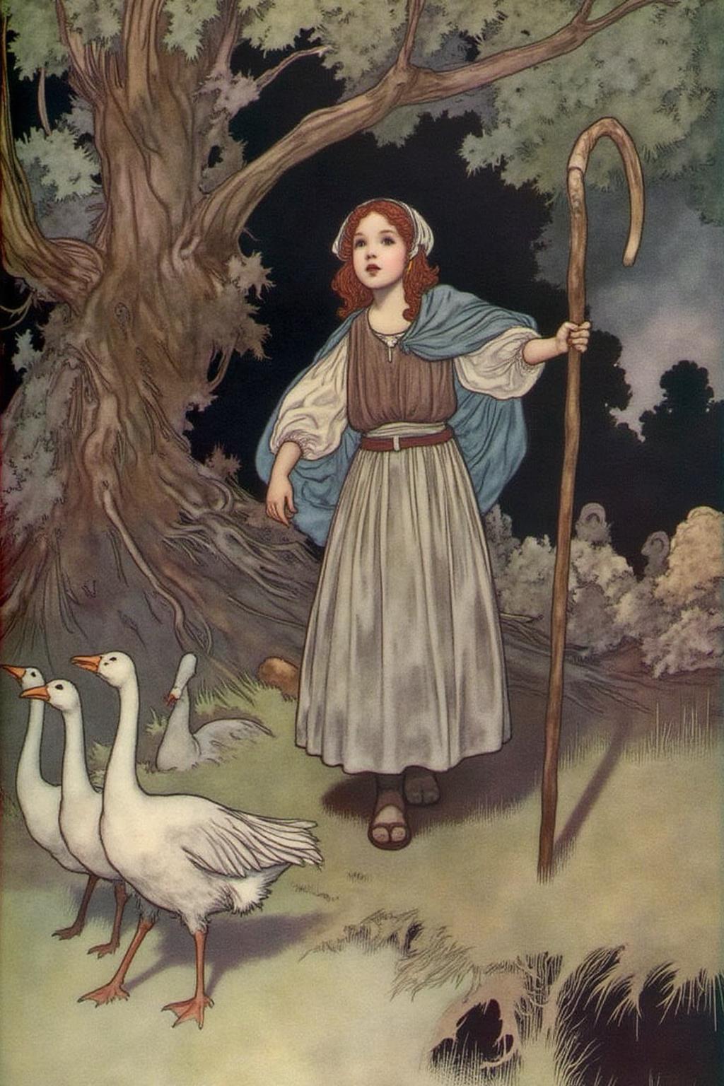 charob1 illustration.
The scene depicts a young girl standing in a rustic, medieval setting. The girl, with long, curly red hair, is dressed in a traditional peasant outfit consisting of a long, flowing white dress with a brown bodice, a light blue shawl draped over her shoulders, and bare feet. She carries a wooden shepherd's crook in her right hand. There is a flock of geese walking in front of her  <lora:charob1_cap_d6a3e11:1.0><lora:824703217981189477:0>