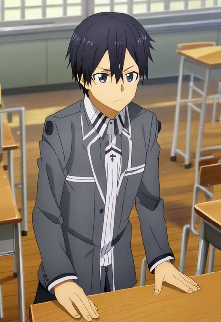high resolution, professional photography, solo, best quality, 1Boy, Kazuto Kirigaya, Black Hair, Black Eyes, classroom, school, school uniform, OverallDetail