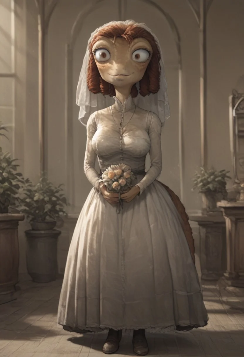 <lora:cutesexyronutts_style_xl:0.7> csr style,  hi  res,  BREAK,        BeansPXL (((1girl))), (((full body))), brown hair, brown eyes, short hair, drill hair, cheek freckles, gap toothed, lips, lizard female, scales, scalie skin, solo, long lizard tail,  (large breast:1.4),  veil,  wedding gown,  smiling,   standing, green ballroom,  ornate surroundings, potted plants, stained glass windows, (cinematic light:1.3),   (romantic setting:1.3) ,  holding flowers, <lora:Pony_QualityV4.0:1.12>, zPDXL2,  zPDXLxxx, zPDXLrl