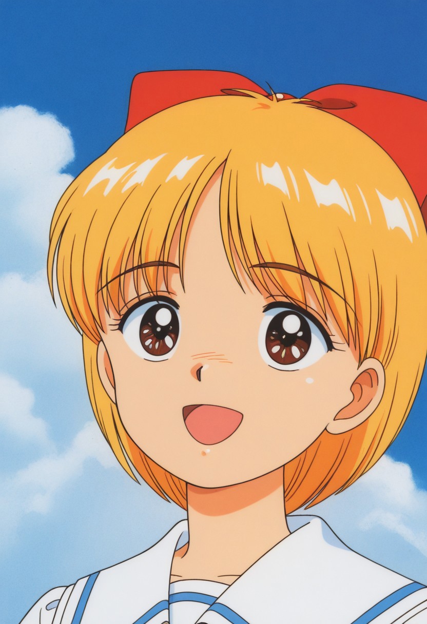 masterpiece, best quality, source_anime,official art,perfect_anatomy,1990s_\(style\),retro_artstyle,1girl, Himeko_Nonohara, brown_eyes, blonde_hair, red_bow, hair_bow,school uniform,(looking_at_viewer,smile,open mouth),upper body,close to viewer,day,blue_sky,cloud