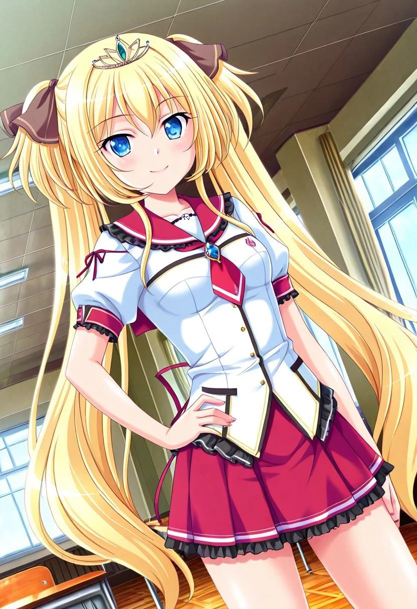 general,highres, ultra-detailed,very aesthetic,best quality ,best hands,best eyes,easynegative,
dynamic anglre, dutch angle, anime cloring,anime screencap,
1girl solo,looking at viewer,school, indoors, hand on hip,smile,
Michelle de La Farge,blonde_hair long twintails, hair ribbon, brown ribbon, small breasts, blue_eyes, tiara, short body, petite,school uniform,