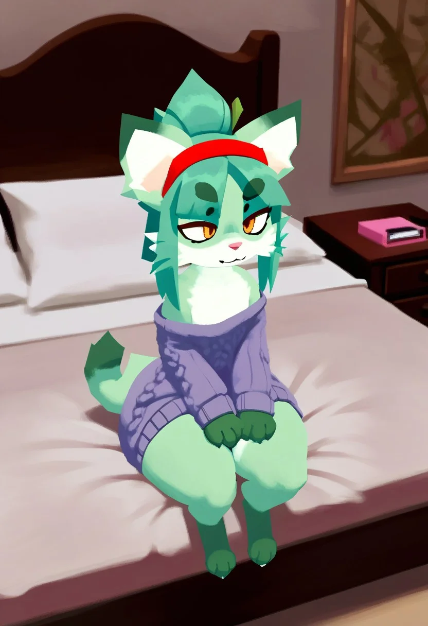 score_9, score_8_up, score_7_up, high detail, 4k, high resolution, atlyssstyle, low poly,
Solo, bedroom, sitting on bed,
"Midori" (digitigrade, anthro, feline, female, green body, tied hair, red headband, green hair, short stack, flat chest), paws, oversized sweater, bottomless