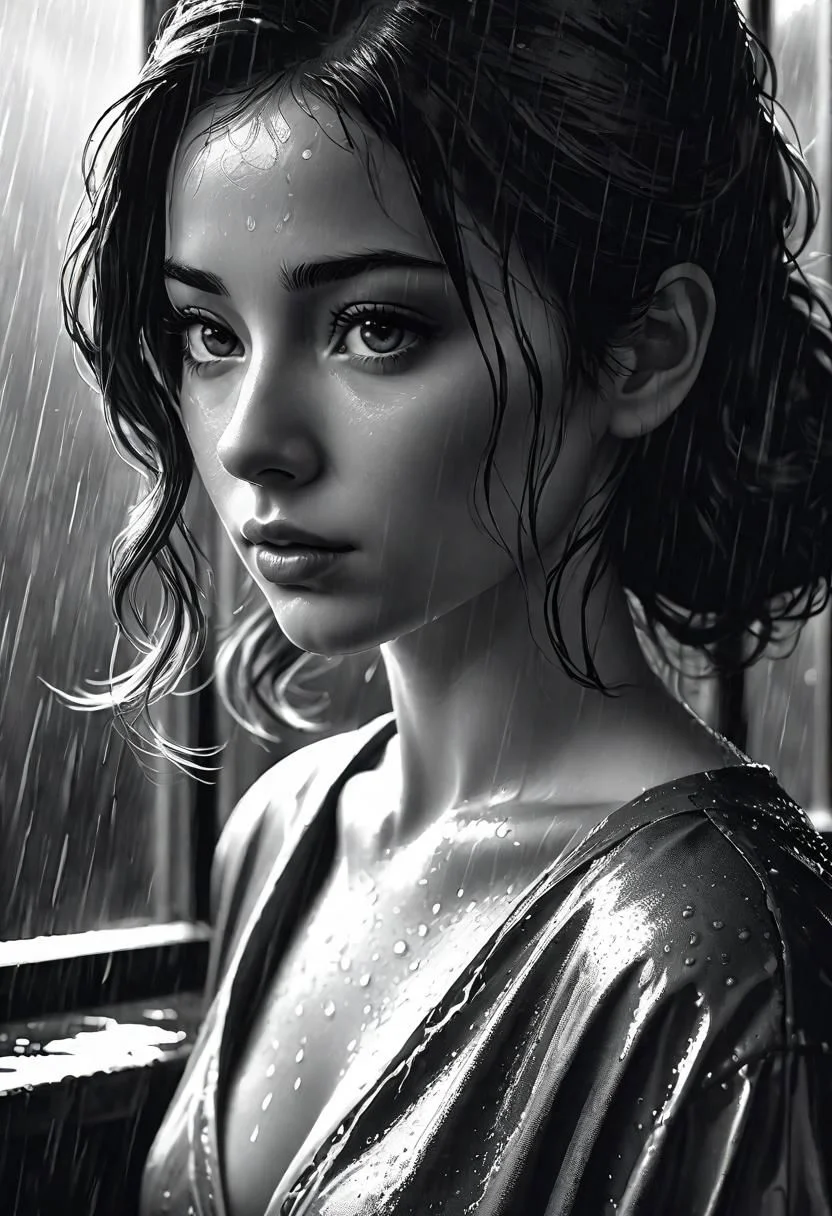 Close-up, portrait, oil paint, black and white photo of a woman in the rain, black and white photo, by Zlatyu Boyadzhiev, art photography, 8k sensual lighting, ultra-realistic digital painting, shy, very wet
style Jamie Wyeth, James Gillard, Edward Hopper, Greg Rutkowski Studio Ghibli Genshin Impact
