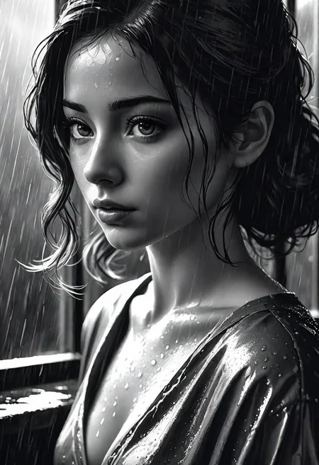 Close-up, portrait, oil paint, black and white photo of a woman in the rain, black and white photo, by Zlatyu Boyadzhiev, art photography, 8k sensual lighting, ultra-realistic digital painting, shy, very wet
style Jamie Wyeth, James Gillard, Edward Hopper, Greg Rutkowski Studio Ghibli Genshin Impact