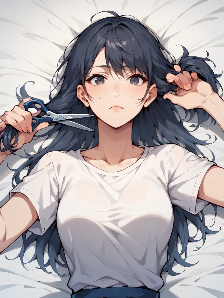score_9, score_8_up, score_7_up, score_6_up, <lora:cuth41r2:1> cutting hair, cuth41r, haircut, cut off hair, cutting hair, holding hair, holding scissors, 1girl, long hair, lying, hair spread out,