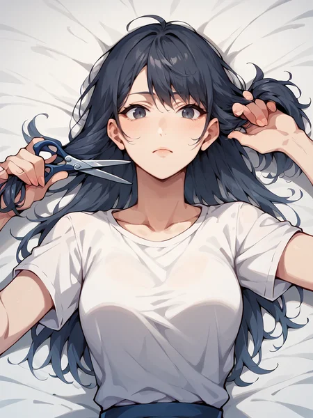 score_9, score_8_up, score_7_up, score_6_up,   <lora:cuth41r2:1> cutting hair, cuth41r, haircut, cut off hair, cutting hair, holding hair, holding scissors, 1girl, long hair, lying, hair spread out,