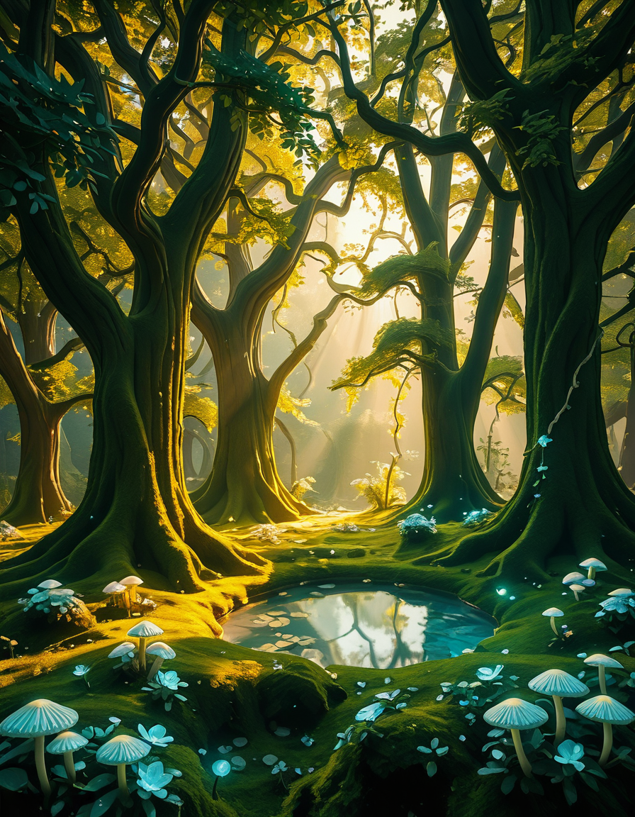 A mystical enchanted forest bathed in a soft, ethereal glow. Towering ancient trees with twisted roots and bioluminescent moss create a dreamlike atmosphere. The air is filled with a faint, magical mist that swirls gently around vibrant, oversized mushrooms and glowing blue and purple flowers. Delicate fireflies and tiny floating orbs of light hover in the air, illuminating the dense foliage with a magical shimmer. A narrow, winding path covered in soft moss leads deeper into the mysterious woodland, where faint beams of golden sunlight filter through the thick canopy, casting intricate patterns on the forest floor. The colors are rich and vibrant, with deep emerald greens, soft blues, and glowing purples creating a surreal and otherworldly ambiance. The scene is highly detailed and photorealistic, capturing the textures of the moss-covered tree trunks, the luminescent flora, and the misty, dreamlike atmosphere of the enchanted forest.
<lora:SDXLFaeTastic2400:0.4> <lora:extremely_detailed:0.4> extremely detailed,<lora:3nch4nt3d_f0r3st-ill:1>,3nch4nt3d f0r3st, Masterpiece,best quality,hi res,8k,hi res,8k,award winning,(sharp focus, intricate, highly detailed),