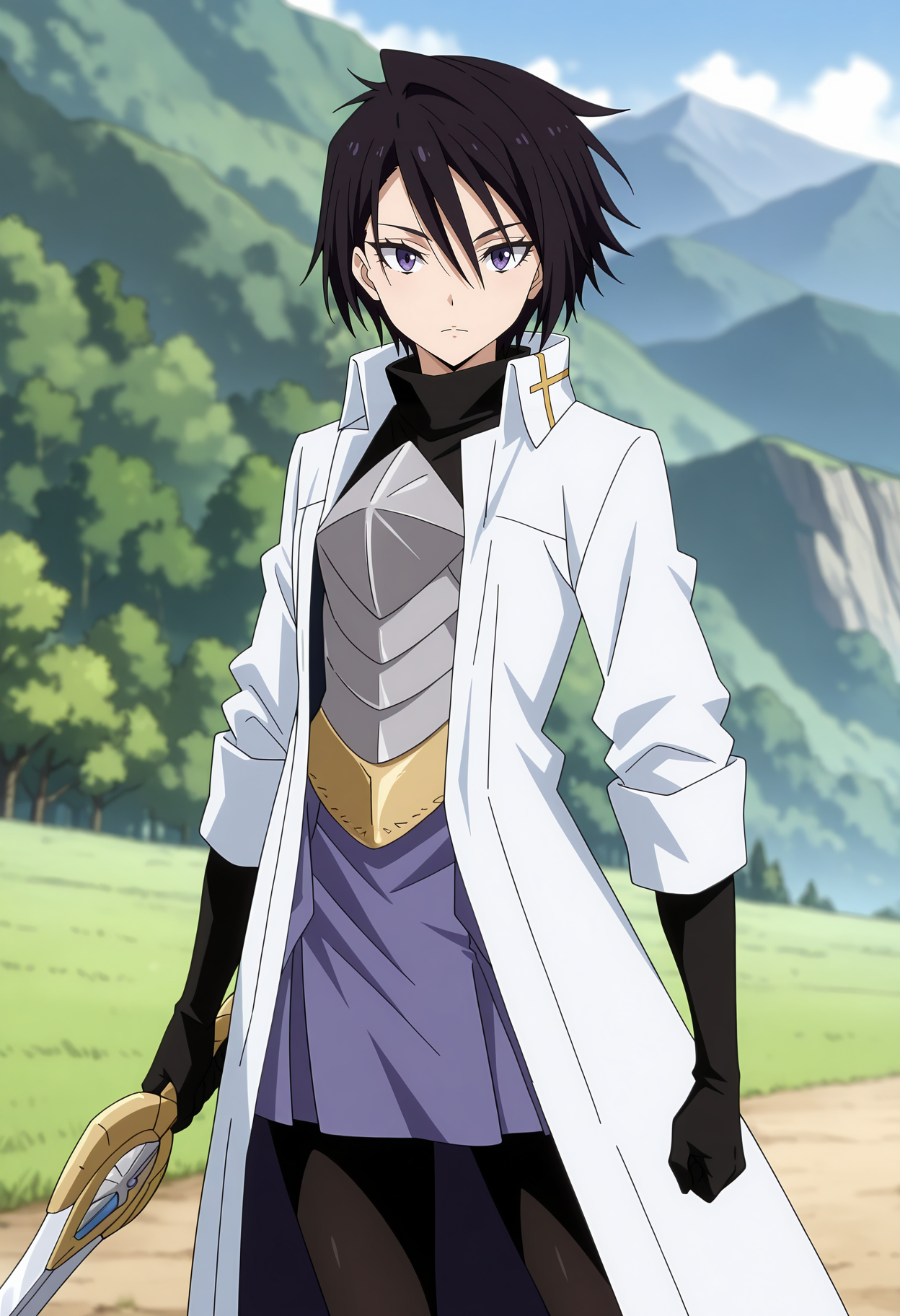 anime screencap, masterpiece, best quality,
<lora:TenSura_SakaguchiHinata_IlluXL:0.9>,
1girl, solo, closed mouth,
hair between eyes, short hair, black hair, purple eyes,
white coat, turtleneck shirt, black shirt, breastplate, black gloves, belt, purple skirt, black pantyhose,
holding sword,
standing, looking at viewer, cowboy shot,
outdoors, mountains, scenery, forest, blue sky, blurry background