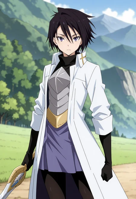 anime screencap, masterpiece, best quality,
<lora:TenSura_SakaguchiHinata_IlluXL:0.9>,
1girl, solo, closed mouth,
hair between eyes, short hair, black hair, purple eyes,
white coat, turtleneck shirt, black shirt, breastplate, black gloves, belt, purple skirt, black pantyhose,
holding sword,
standing, looking at viewer, cowboy shot,
outdoors, mountains, scenery, forest, blue sky, blurry background