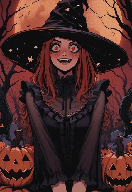 score_9, score_8_up, score_7_up, score_6_up, hllwn, halloween, vintage, source_anime, masterpiece, gloomy and sinister forest, giant red moon, giant pumpkins with evil luminous face, cute witch, red hair, red eyes, blushing, freckles, dark and orange two-tones sorceress dress, sorceress hat, halloween outfit, (two-tones stockings with frills:1.2), (crazy face:1.2), sadistic smile, focus on giant pumpkins
