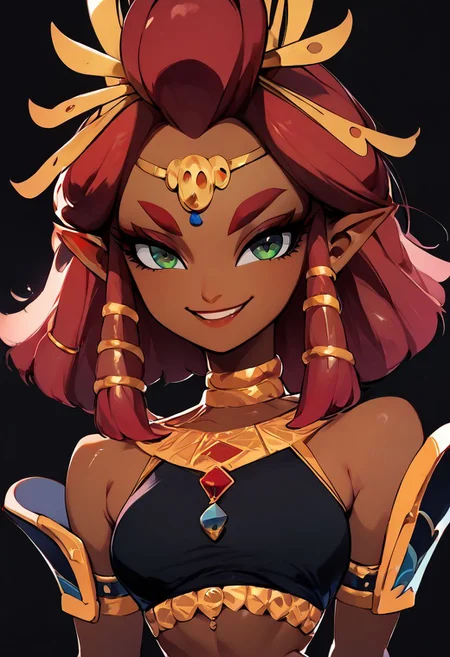 score_9, score_8_up, score_8, medium breasts, cute, eyelashes,
aaRiju, dark skin, midriff, black dress, solo, smiling, smug, looking at viewer,
upper body, black background,