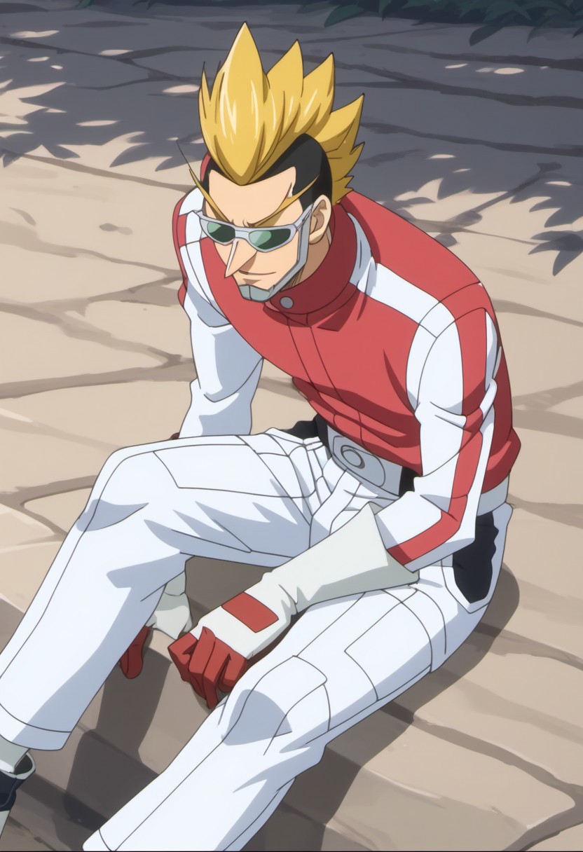 score_9, score_8_up, score_7_up, source_anime, rating_safe, SawyerFT, blonde Sawyer hair, Green pre-Oracion sunglasses, grey Sawyer jaw armor, 1boy, male focus, anime screencap, red Sawyer jacket, white-red Sawyer gloves, white Sawyer belt, white Sawyer pants, cropped feet, sitting,