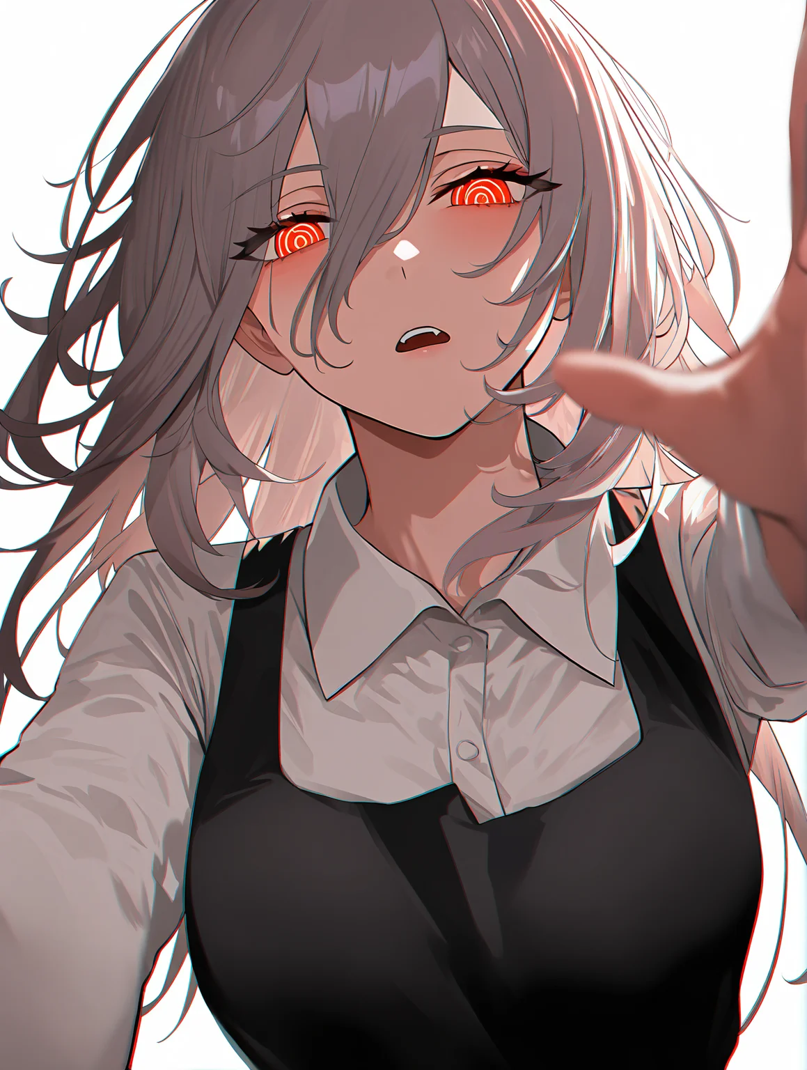 <lora:misaka-gou_s64:1> chromatic aberration,messy hair,dress,red eyes,grey hair,white haired girl \(chainsaw man\),white shirt,reaching,pinafore dress,open mouth,sleeveless,solo,looking at viewer,shirt,1girl,highres,sleeveless dress,reaching towards viewer,simple background,white background,black dress, masterpiece, best quality, newest, very awa, absurdres, highres