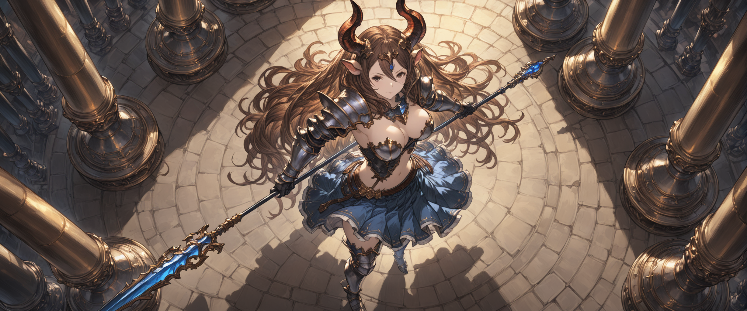 granblue, 1girl, armor, breasts, brown_hair, dual wielding, full_body, holding, holding_weapon, horns, long_hair, looking_at_viewer, polearm, dured_eyes, skirt, solo, standing, thighhighs,
shaded face, intricate detail, cinematic lighting, amazing quality, amazing shading, detailed Illustration, official artwork, wallpaper, extremely detailed eyes and face, beautiful detailed eyes, ((masterpiece, best quality)),
from above,
<lora:granblue_fantasy_style_xl:0.8>, <lora:extremely_detailed:0.8>, extremely detailed, <lora:add-detail-xl:0.8>, <lora:IOS_Iridescent_opal_style:0.6>