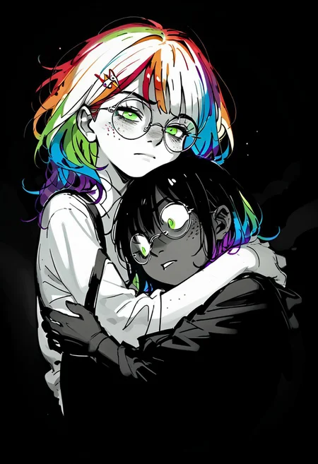 score_9, score_8_up, score_7_up, score_6_up, score_5_up, th3d4rk, darkness, shadow, 1girl, monochrome, hug, safety, comfort, vulnerable
BREAK
Mycelia, ((rainbow colored hair:1.3)), candy hairclip, round glasses, green eyes, lidded eyes, freckles, petite, vivid color, looking lovingly at shadow