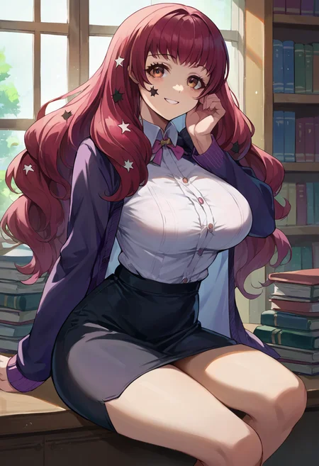 score_9, score_8_up, score_7_up, source_anime, thigh up, 1girl, looking at viewer, smile, large breasts, <lora:YunakaFE-pdxl:1> casyunaka, long hair, long sleeves, white shirt, purple cardigan, open clothes, black skirt, star hair ornament, star facial mark, library, indoors, large window