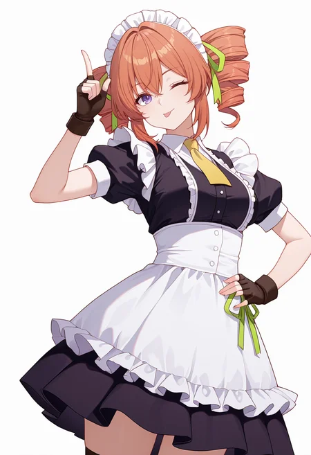 Smooth Quality,masterpiece,very intricate, high quality details, ultra realistic, high detailed skin,detailed enviorement,absurdres,
pointing up,
<lora:Gertrude_Rainsworth_CNR_r2:0.8> gertrude_cnr, 1girl, orange hair, twin drills, purple eyes, hair between eyes, medium breasts,black dress, maid apron, frilled apron, puffy short sleeves,fingerless gloves, cross-laced footwear, yellow necktie, green ribbon,maid headdress, hair ribbon,, simple background, white background, dutch angle,
stretching, one arm raised, other on hip, slight side bend, relaxed body, ,, ;p,