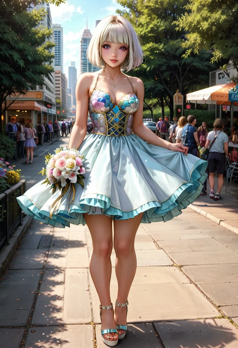 score_9, score_8_up, score_7_up, masterpiece, best quality, HI-RES, HDR, TSMPK Style, (City Park:1.3), outside, (intricate details, detailed background:1.3), (volumetric light), 1girl, 21yo, gorgeous woman, fair skin, medium tall, (perfect breasts:1.3), beautiful face, detailed face, bright eyes, violet eye color, white hair, (straight hair:1.3), bob cut hair, bangs, detailed hair, pastel colors, silky bodycon dress, high heel sandals, thigh highs, bouquet of flowers