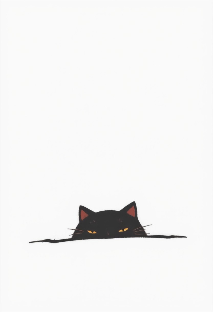A cute black cat peeking out from the bottom of an empty white background, with simple lines, a flat illustration style, simple design, simple shapes, minimal details, a minimalist style, a minimalist cartoon character design, minimalist vector art, and a simple and minimalistic design. White background.