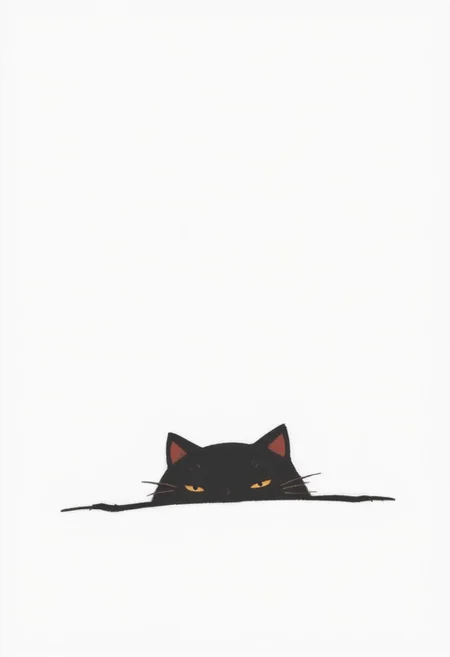 A cute black cat peeking out from the bottom of an empty white background, with simple lines, a flat illustration style, simple design, simple shapes, minimal details, a minimalist style, a minimalist cartoon character design, minimalist vector art, and a simple and minimalistic design. White background.