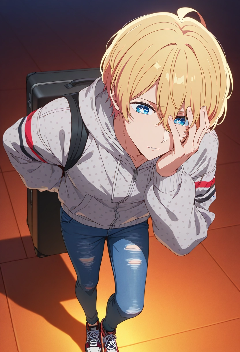 masterpiece, best quality, intricate details, anime screencap, , , , 1boy, solo, male focus, <lora:aquamarine_hoshino_ilxl:0.9>, aquamarine_hoshino, blonde hair, blue eyes, bangs, hair between eyes, short hair, symbol-shaped pupils, star-shaped pupils, facepalm moment, hand on face, weary expression, standing pose, warm glow, Chartreuse Chambray Polka dot Motorcycle jeans, Gray Organza Windbreaker, Sneakers, , Carrying Case and