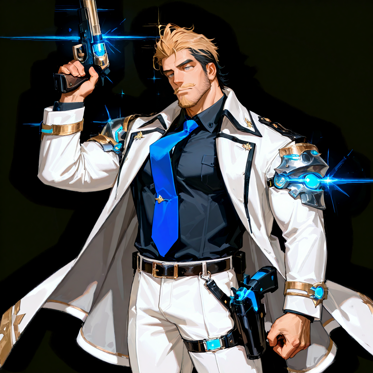 <lora:Justin__Alchemist_Code-000003:.7>, tagatamejustin, 1boy, two-tone hair (blonde and black), slicked back hair, grey eyes, moustache, solo, male focus, manly, bara, muscle body, mature male, coat, long sleeves, collared shirt, tie, shoulder armor, glowing, gun, gun holster, belt, pants, shoes,
cowboy shot,
(very short hair, beard, bara, mature, facial hair, stubble, beard, full beard, sideburn, beard, a lot of beard, ), facial hair,male focus, muscular male, muscular male, bara, mature,  bara, mature, aixiwuganda_(20222192), very awa, masterpiece, best quality, absurdres, newest, perfect quality, detailed background, intricate details,
<lora:slider_Body Type_alpha1.0_rank4_noxattn_last:3><lora:Anime Summer Days 2 Style SDXL_LoRA_Pony Diffusion V6 XL:.6><lora:slider_cfg_scale_boost:.7><lora:Artist6p:.55>, Artist6p, Artist04p,<lora:slider_il_brightness_slider_d1:-1><lora:slider_il_contrast_slider_d1:-1><lora:slider_DarkSlider1.2_alpha1.0_rank16_full_300steps:-.6><lora:slider_contract_controller_illus01_v1:.5>,