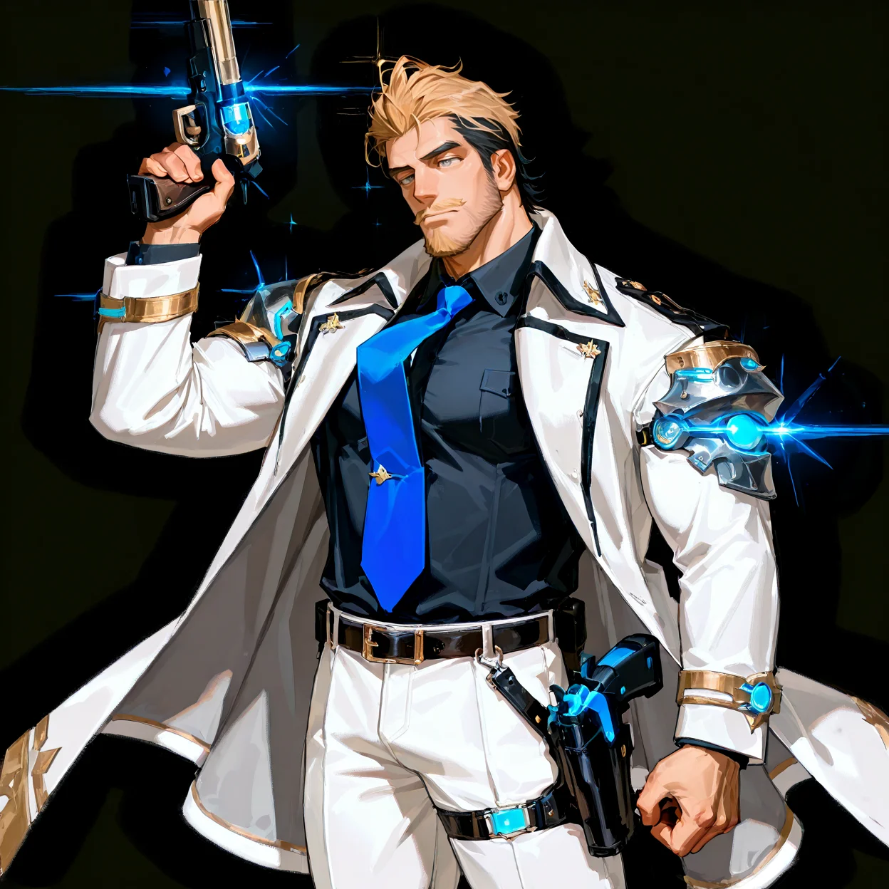 <lora:Justin__Alchemist_Code-000003:.7>, tagatamejustin, 1boy, two-tone hair (blonde and black), slicked back hair, grey eyes, moustache, solo, male focus, manly, bara, muscle body, mature male, coat, long sleeves, collared shirt, tie, shoulder armor, glowing, gun, gun holster, belt, pants, shoes,
cowboy shot,
(very short hair, beard, bara, mature, facial hair, stubble, beard, full beard, sideburn, beard, a lot of beard, ), facial hair,male focus, muscular male, muscular male, bara, mature, bara, mature, aixiwuganda_(20222192), very awa, masterpiece, best quality, absurdres, newest, perfect quality, detailed background, intricate details,
<lora:slider_Body Type_alpha1.0_rank4_noxattn_last:3><lora:Anime Summer Days 2 Style SDXL_LoRA_Pony Diffusion V6 XL:.6><lora:slider_cfg_scale_boost:.7><lora:Artist6p:.55>, Artist6p, Artist04p,<lora:slider_il_brightness_slider_d1:-1><lora:slider_il_contrast_slider_d1:-1><lora:slider_DarkSlider1.2_alpha1.0_rank16_full_300steps:-.6><lora:slider_contract_controller_illus01_v1:.5>,