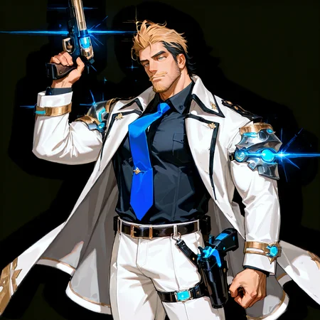 <lora:Justin__Alchemist_Code-000003:.7>, tagatamejustin, 1boy, two-tone hair (blonde and black), slicked back hair, grey eyes, moustache, solo, male focus, manly, bara, muscle body, mature male, coat, long sleeves, collared shirt, tie, shoulder armor, glowing, gun, gun holster, belt, pants, shoes,
cowboy shot,
(very short hair, beard, bara, mature, facial hair, stubble, beard, full beard, sideburn, beard, a lot of beard, ), facial hair,male focus, muscular male, muscular male, bara, mature,  bara, mature, aixiwuganda_(20222192), very awa, masterpiece, best quality, absurdres, newest, perfect quality, detailed background, intricate details,
<lora:slider_Body Type_alpha1.0_rank4_noxattn_last:3><lora:Anime Summer Days 2 Style SDXL_LoRA_Pony Diffusion V6 XL:.6><lora:slider_cfg_scale_boost:.7><lora:Artist6p:.55>, Artist6p, Artist04p,<lora:slider_il_brightness_slider_d1:-1><lora:slider_il_contrast_slider_d1:-1><lora:slider_DarkSlider1.2_alpha1.0_rank16_full_300steps:-.6><lora:slider_contract_controller_illus01_v1:.5>,