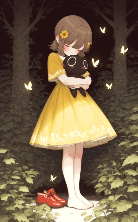 masterpiece, best quality, amazing quality, high quality, highres, 1girl, solo, blush, short hair, brown hair, hair ornament, dress, standing, closed eyes, flower, short sleeves, shoes, barefoot, hair flower, tree, hug, leaf, traditional media, plant, black background, bug, red footwear, butterfly, painting \(medium\), yellow dress, unworn shoes, (oharu-chan:0.85), <lora:noobai_ep11_stabilizer_v0.138_fp16:0.3> <lora:rlly_00_v0.6:0.4> <lora:ODd5YW5hZ2krd2Fua2U=-waiNSFWIllustrious_v130_V1-CAME:0.8> <lora:CoalCaress:1>