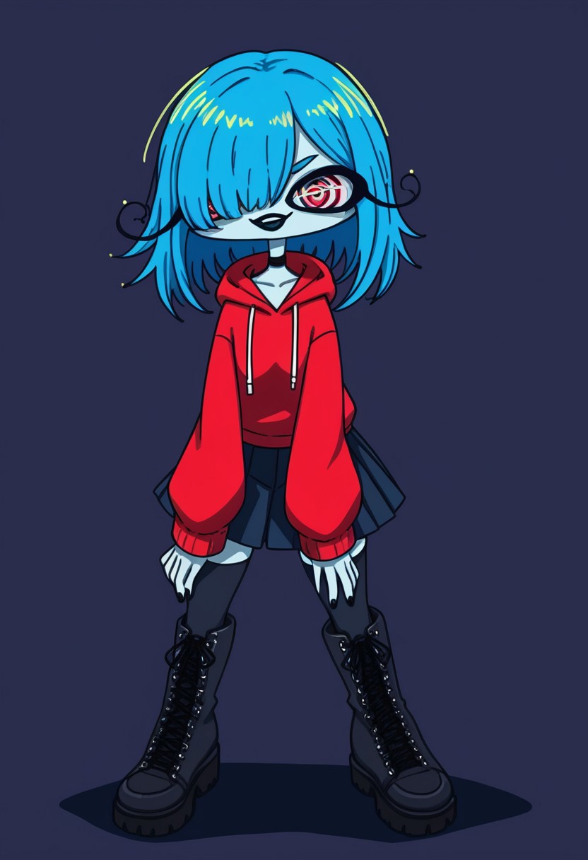 score_9, score_8_up, score_7_up, source anime,
masterpiece, best quality, detailed, amazing quality,
simple background, dark background,
detailed eyes, clean eyes, 
dynamic pose, 
solo, 1girl,
easynegative,
colored skin, blue skin, red eyes, blue sclera, long hair, blue hair, messy hair, ringed eyes, red hoodie, black skirt, pleated skirt, miniskirt, combat boots, platform boots, knee boots, black thighhighs, black choker, blue drawstrings, black lips, hair over one eye, evil smile, gesugao, medium hair, hair over shoulder, bangs, black nails, black footwear, black laces, hood down