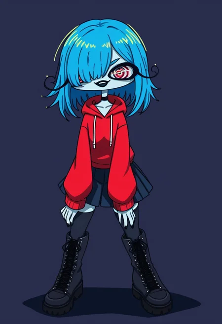 score_9, score_8_up, score_7_up, source anime,
masterpiece, best quality, detailed, amazing quality,
simple background, dark background,
detailed eyes, clean eyes,
dynamic pose,
solo, 1girl,
easynegative,
colored skin, blue skin, red eyes, blue sclera, long hair, blue hair, messy hair, ringed eyes, red hoodie, black skirt, pleated skirt, miniskirt, combat boots, platform boots, knee boots, black thighhighs, black choker, blue drawstrings, black lips, hair over one eye, evil smile, gesugao, medium hair, hair over shoulder, bangs, black nails, black footwear, black laces, hood down