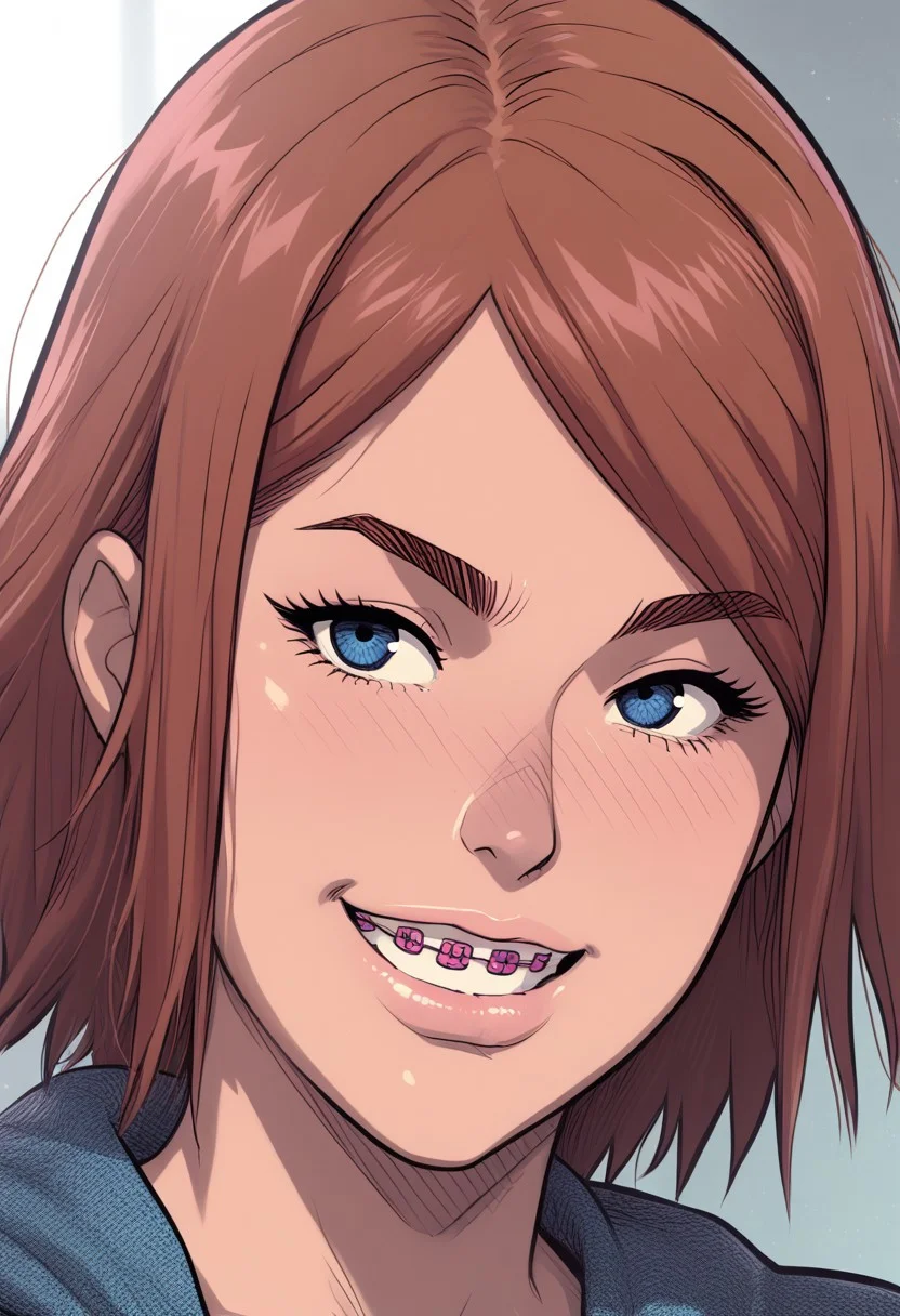 score_9, score_8_up, score_7_up, score_6_up, score_5_up, score_4_up, high quality, melkor_style, source_western, source_anime, _sidn3y_sw4nson_, 1girl, rating_unsafe, portrait, blue eyes, brown hair, looking at viewer, smirk, teeth, brac3s,
((mouth, teeth, braces, teeth braces, t3kuh0_br4c3s, pink braces))
