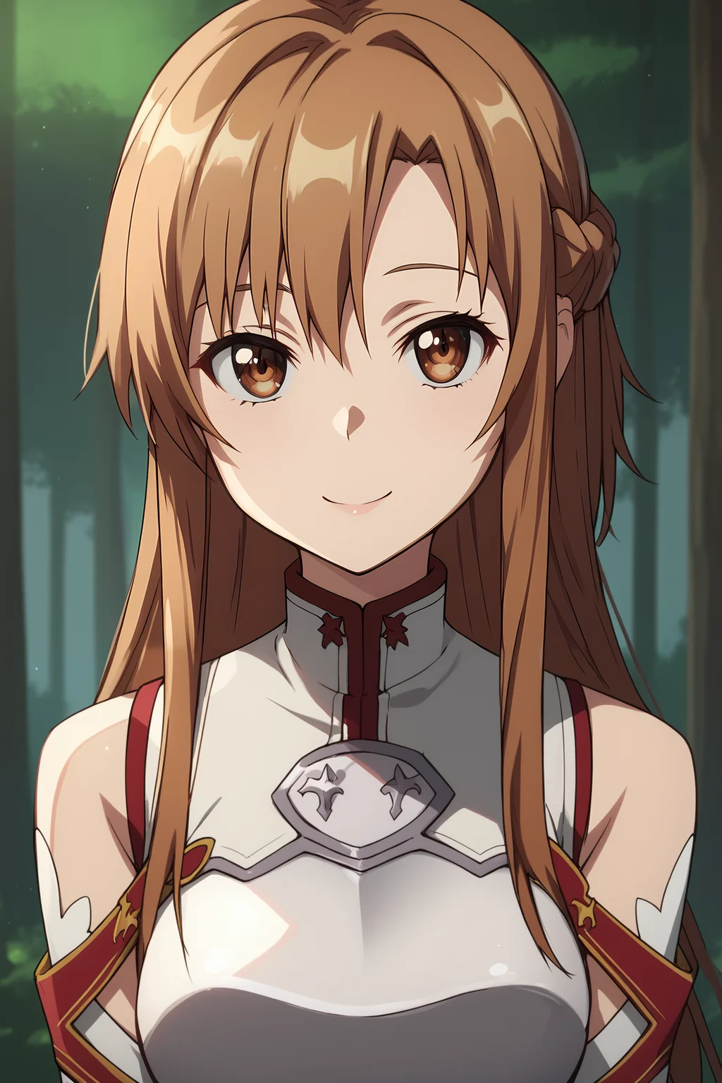 score_9, score_8_up, score_7_up, score_6_up, BREAK, AsunaSAOPXL, brown eyes, brown hair, long hair, bangs, french braid, medium breasts, white dress, breastplate, detached sleeves, white sleeves, solo, front view, (portrait, upper body), solo focus, seductive smile, looking at viewer, forest, tree <lora:AsunaSAOPXL:1>