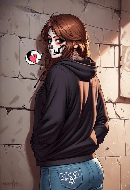 <lora:Meesh_Style_B:0.8>, meesh, by meesh, score_9, score_8_up, score_7_up, score_6_up, score_5_up, score_4_up, (1girl, Yona, anthro yak, perfect proportions, perfect body, bbw, obese, fat, big butt, plump, thick arms, thick thighs, seductive, larger breasts, soft breasts, fluffy breasts, massive nipples, massive areolas, giant woman),
goth girl outfit (solo, black hoodie, jean shorts, black thighhighs, black choker), pose (solo, indoors, standing alone, back against wall, arms down, hands in hoodie pocket, looking at viewer, sexy expression, blowing kiss, seductive eyes}, skull makeup, view from front skull tattoo, facial_tattoo, skeleton makeup, skull facepaint
